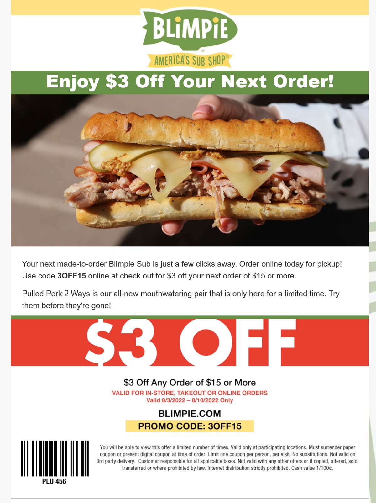 Blimpie restaurants Coupon  $3 off $15 at Blimpie sandwich shop via promo code 3OFF15 #blimpie 
