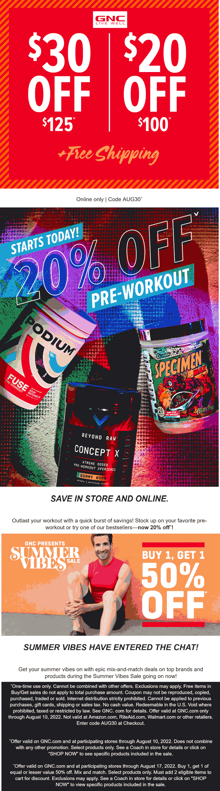 GNC stores Coupon  $20-$30 off $100+ & more at GNC via promo code AUG30 #gnc 