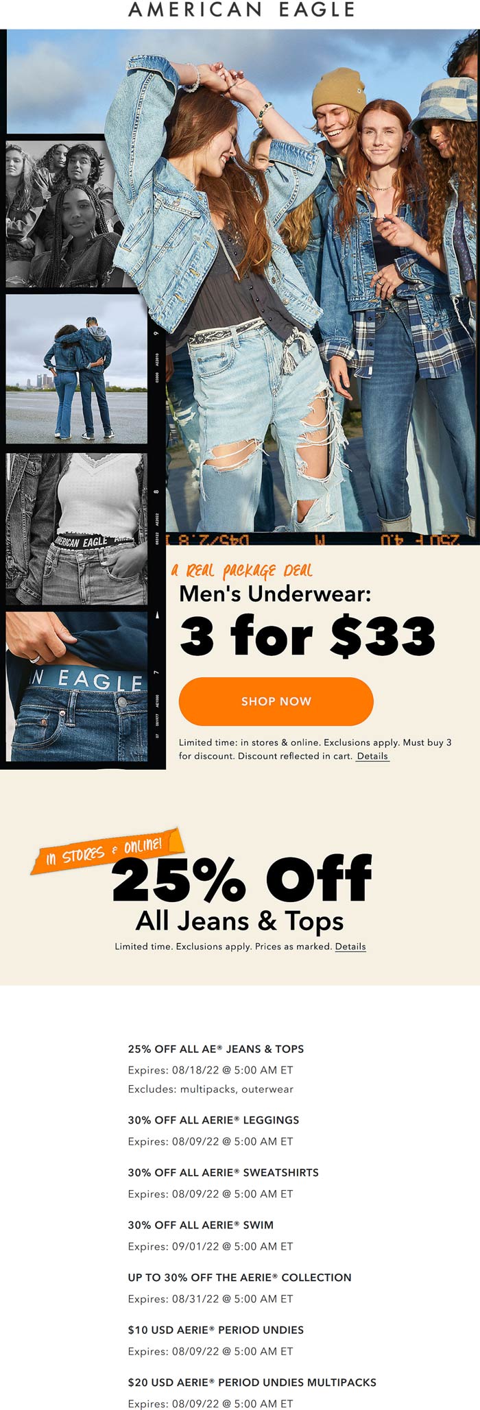 American Eagle stores Coupon  25% off all jeans & tops at American Eagle, ditto online #americaneagle 