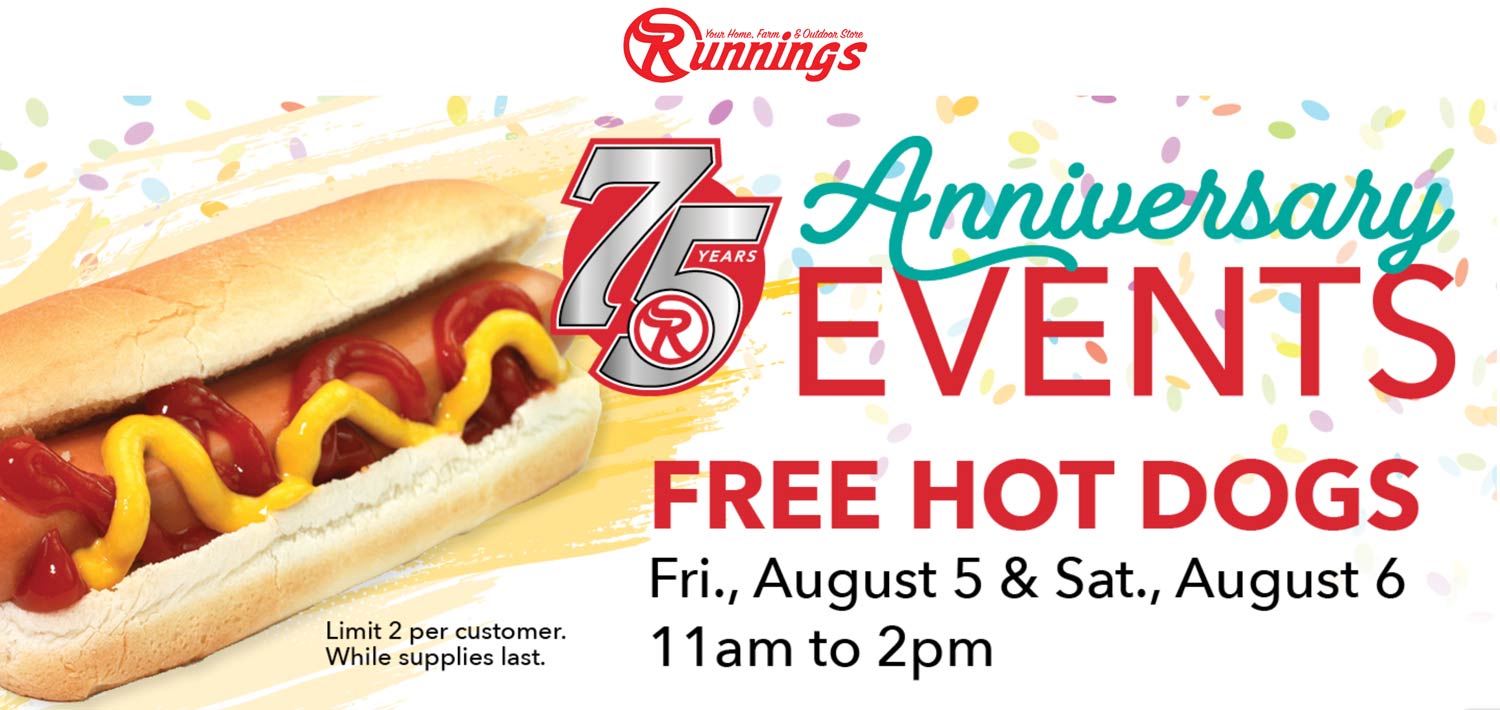 Runnings restaurants Coupon  Free hot dogs til 2p today at Runnings stores #runnings 