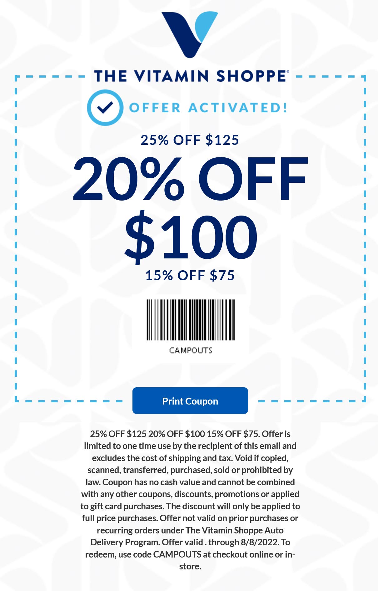 The Vitamin Shoppe stores Coupon  15-25% off $75+ at The Vitamin Shoppe, or online via promo code CAMPOUTS #thevitaminshoppe 