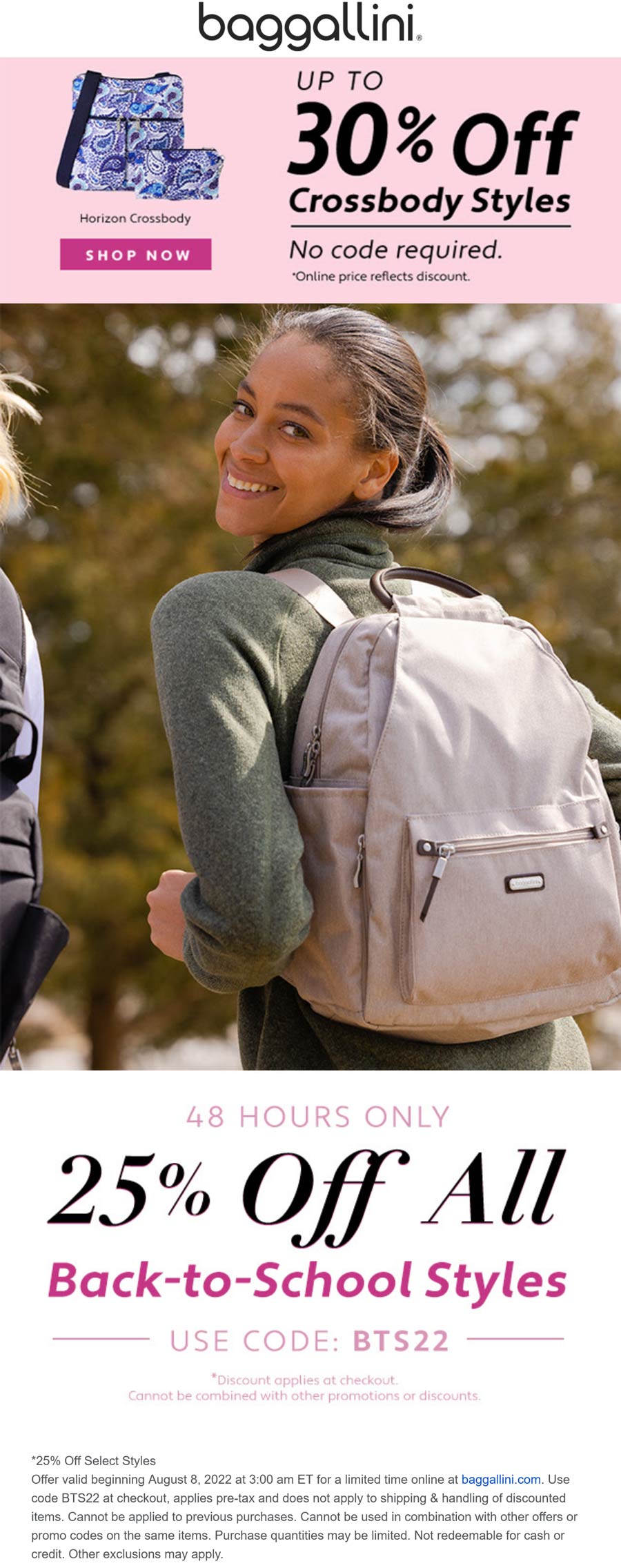 Baggallini stores Coupon  25% off all back to school styles at Baggallini via promo code BTS22 #baggallini 