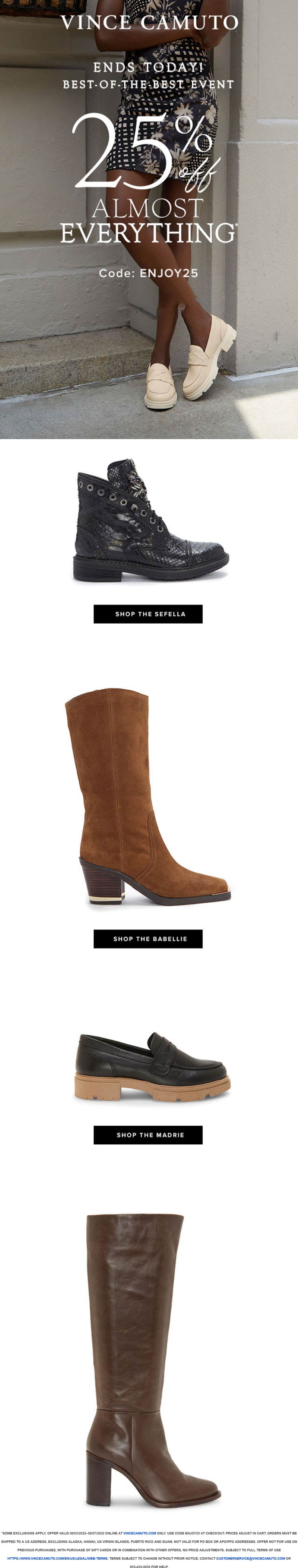 Vince Camuto stores Coupon  25% off everything today at Vince Camuto via promo code ENJOY25 #vincecamuto 