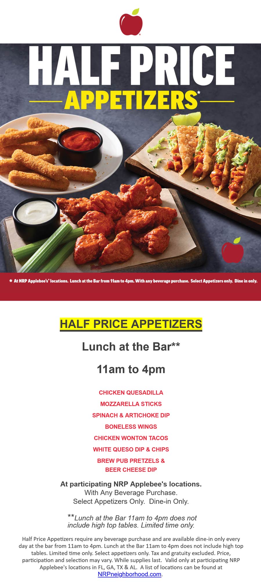 Applebees restaurants Coupon  Various Applebees have 50% off lunch appetizers at the bar 11am to 4pm #applebees 