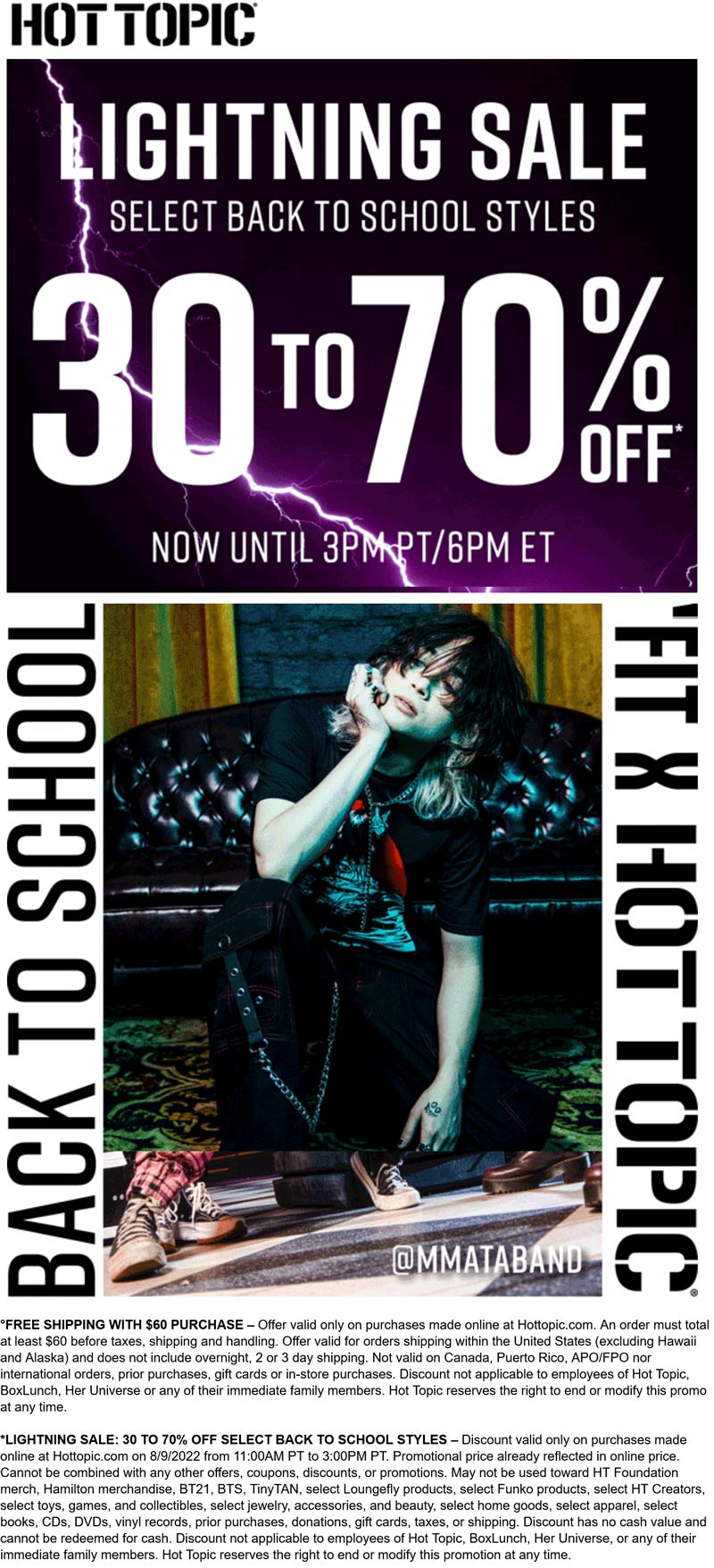 Hot Topic stores Coupon  30-70% off til 6p today online at Hot Topic #hottopic 