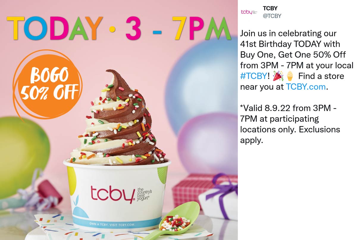 TCBY restaurants Coupon  Second frozen yogurt 50% off today til 7p at TCBY #tcby 