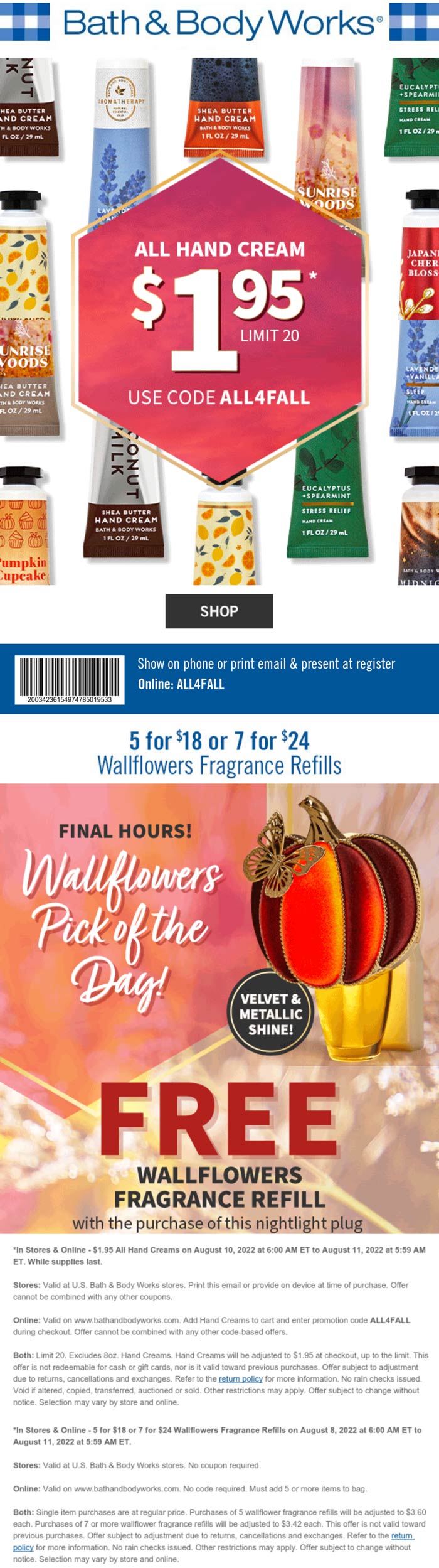 Bath & Body Works restaurants Coupon  $2 hand cream & more today at Bath & Body Works, or online via promo code ALL4FALL #bathbodyworks 