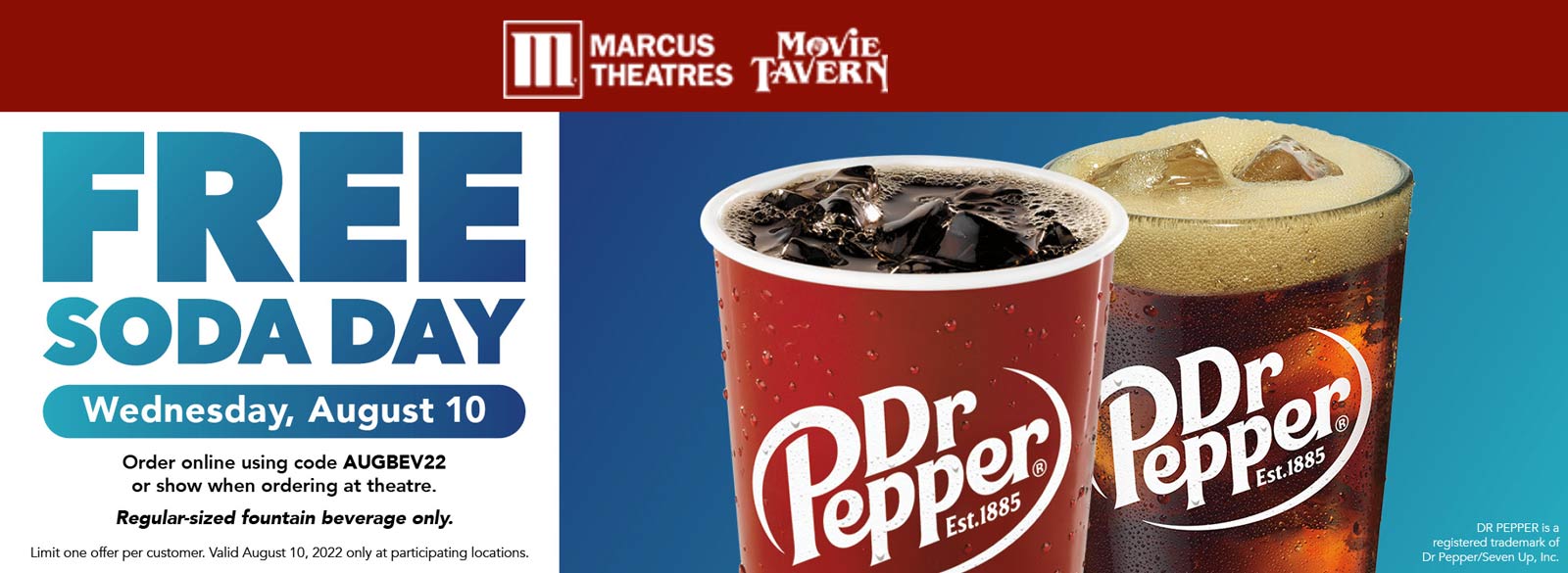 Marcus Theatres restaurants Coupon  Free soda today at Marcus Theatres via promo code AUGBEV22 #marcustheatres 