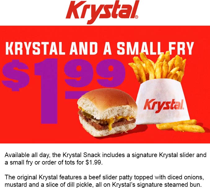 Krystal restaurants Coupon  Cheeseburger + fries or tots for $2 at Krystal #krystal 
