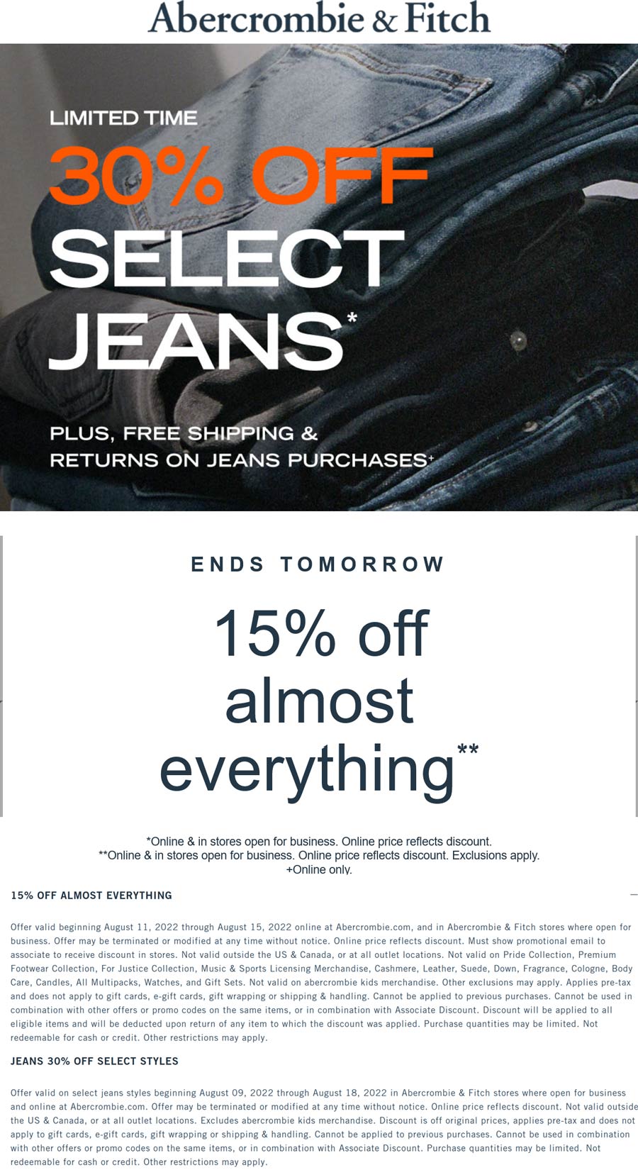 Abercrombie & Fitch stores Coupon  15% off everything & more at Abercrombie & Fitch, ditto online #abercrombiefitch 