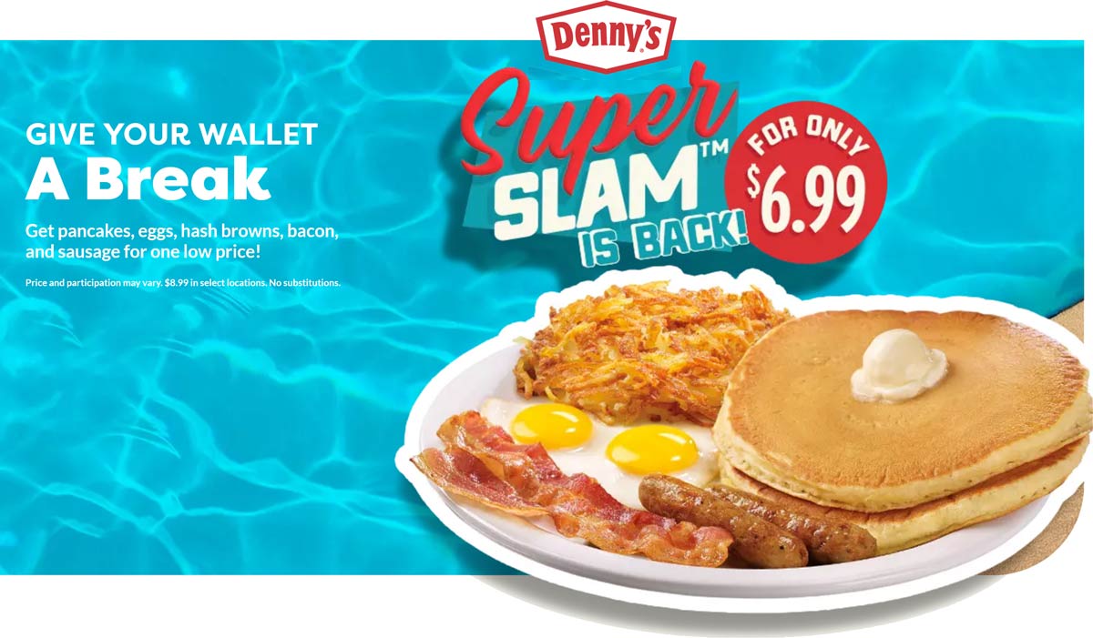 Dennys restaurants Coupon  Pancakes + eggs + hashbrowns + sausage + bacon = $7 super slam at Dennys #dennys 