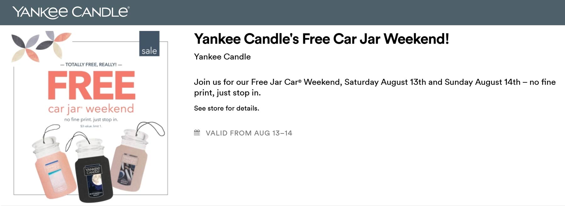 Yankee Candle stores Coupon  Free car jar today at Yankee Candle, no purchase necessary #yankeecandle 