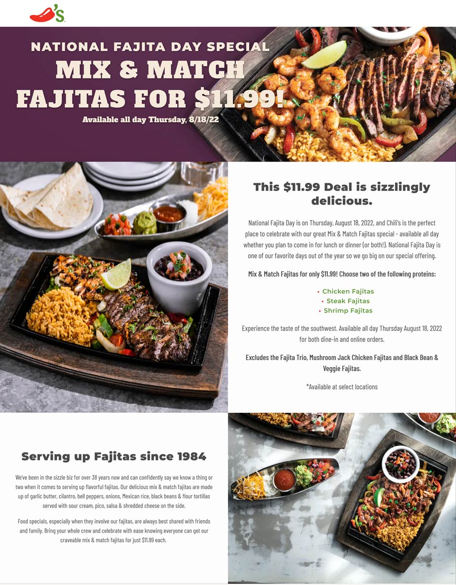 Chilis restaurants Coupon  Mix & match fajitas for $12 Thursday at Chilis restaurants #chilis 