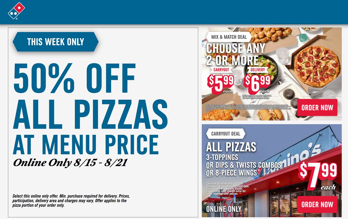 Dominos restaurants Coupon  50% off all pizzas at Dominos pizza #dominos 