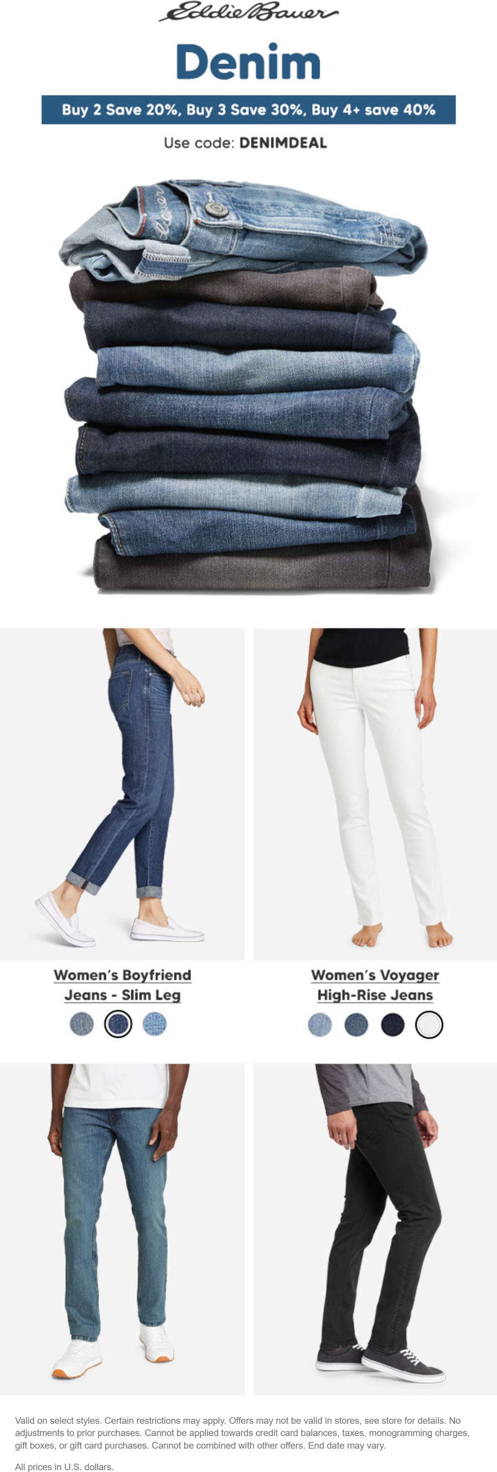 Eddie Bauer stores Coupon  20-40% off jeans at Eddie Bauer, or online via promo code DENIMDEAL #eddiebauer 