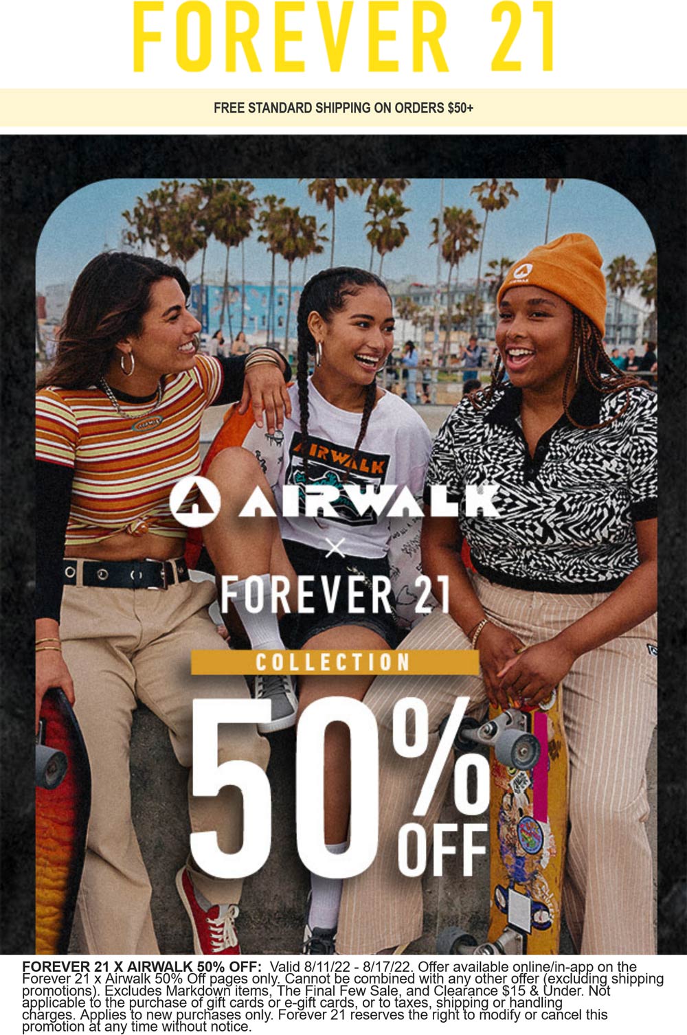 Forever 21 stores Coupon  50% off the Forever 21 x Airwalk collection online #forever21 