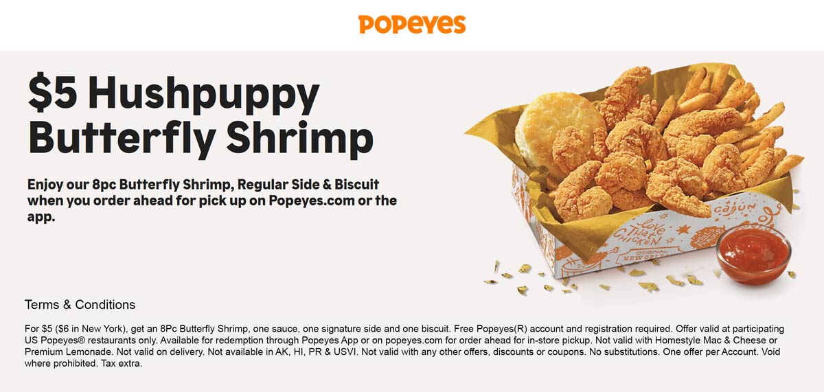 Popeyes restaurants Coupon  8pc butterfly shrimp + side + biscuit = $5 online at Popeyes restaurants #popeyes 