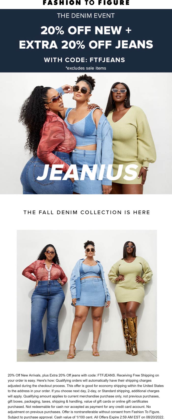 Fashion to Figure stores Coupon  20% off jeans & new styles at Fashion to Figure via promo code FTFJEANS #fashiontofigure 