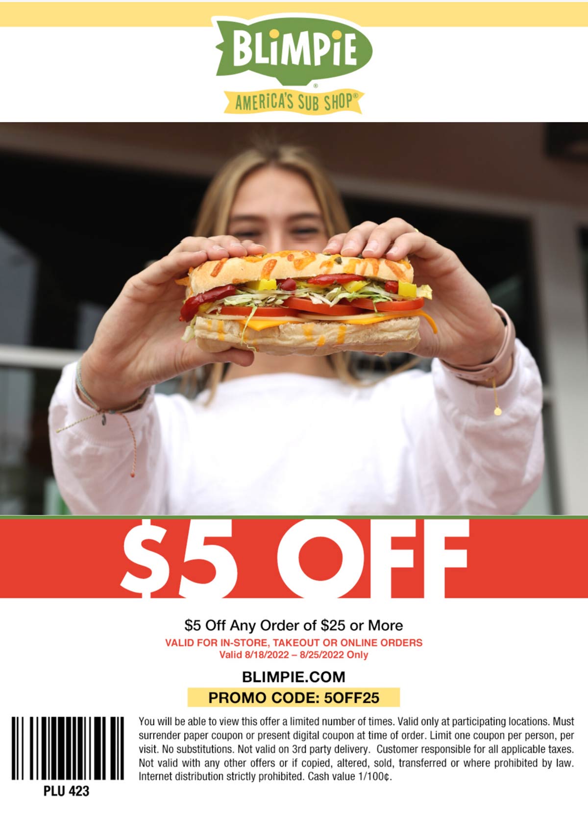 Blimpie restaurants Coupon  $5 off $25 at Blimpie restaurants via promo code 5OFF25 #blimpie 