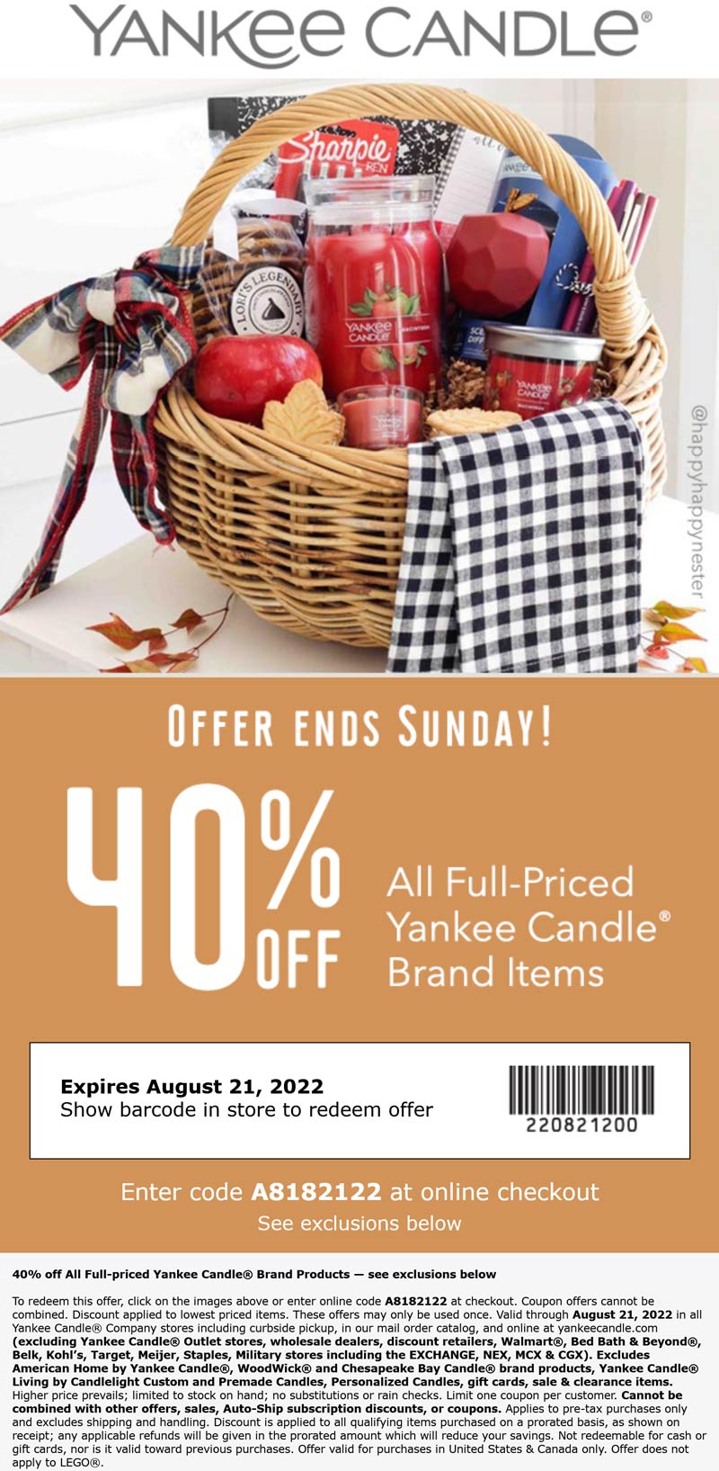 Yankee Candle stores Coupon  40% off at Yankee Candle, or online via promo code A8182122 #yankeecandle 