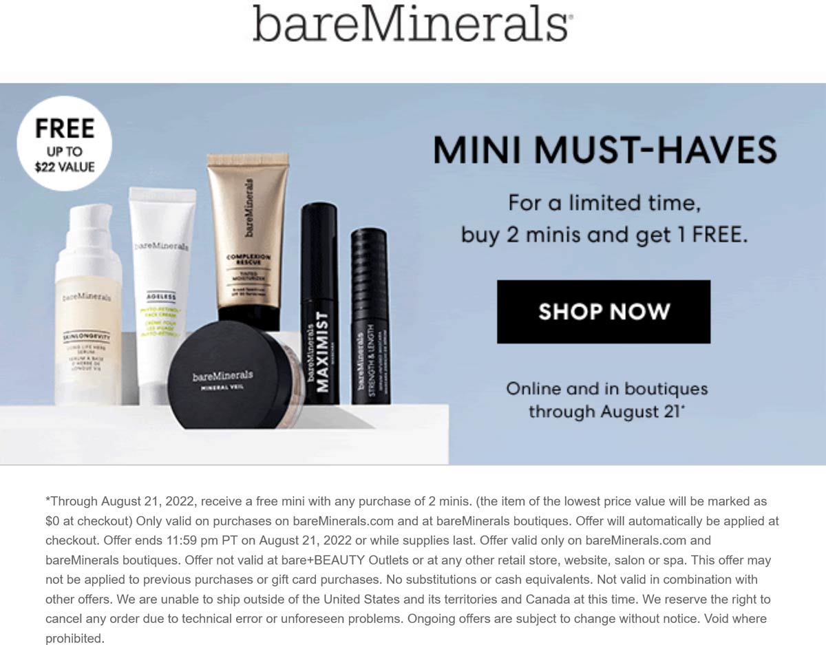 bareMinerals stores Coupon  3rd mini free at bareMinerals, ditto online #bareminerals 