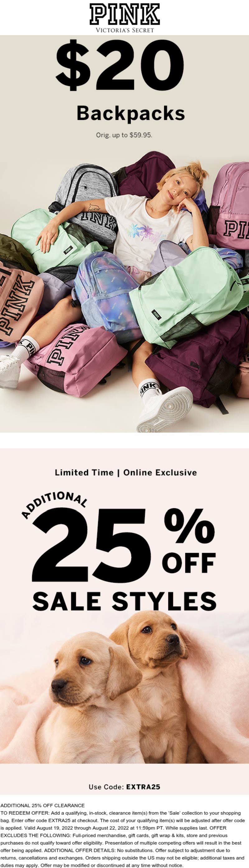 PINK stores Coupon  $20 backpacks + extra 25% off sale items at PINK via promo code EXTRA25 #pink 