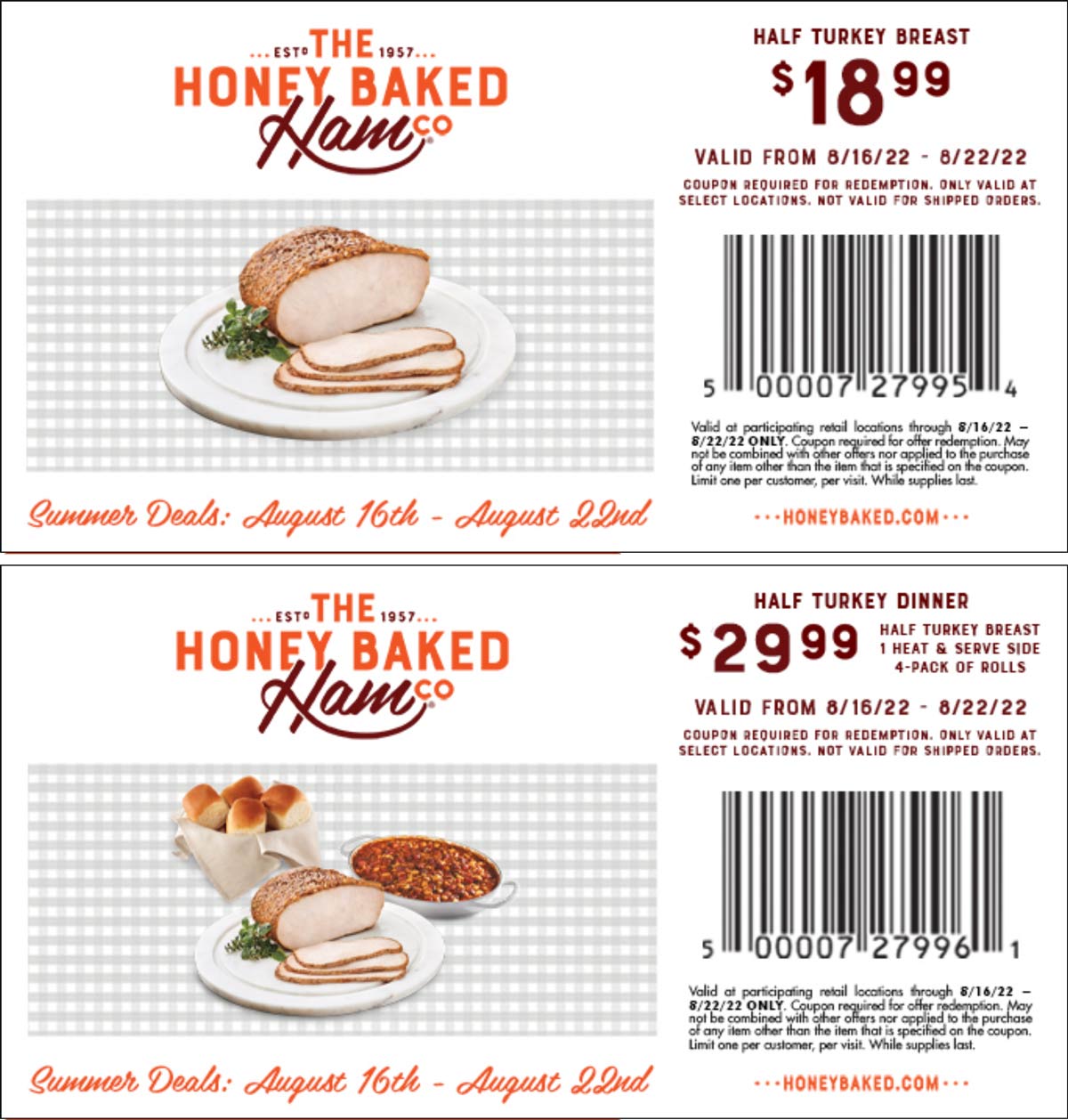 Honeybaked restaurants Coupon  Half turkey + side item + 4 dinner rolls = $30 at Honeybaked Ham #honeybaked 