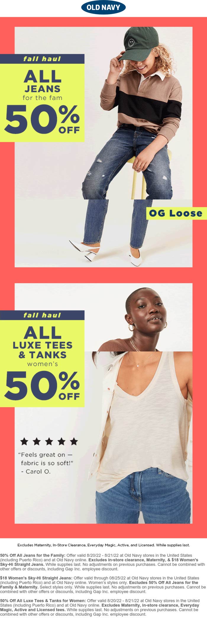 Old Navy stores Coupon  50% off jeans, tees & tanks at Old Navy, ditto online #oldnavy 