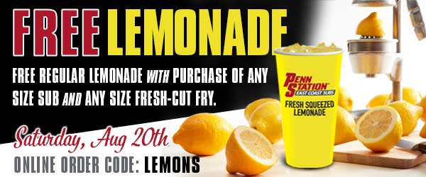 Penn Station restaurants Coupon  Free lemonade with your meal today at Penn Station via promo code LEMONS #pennstation 