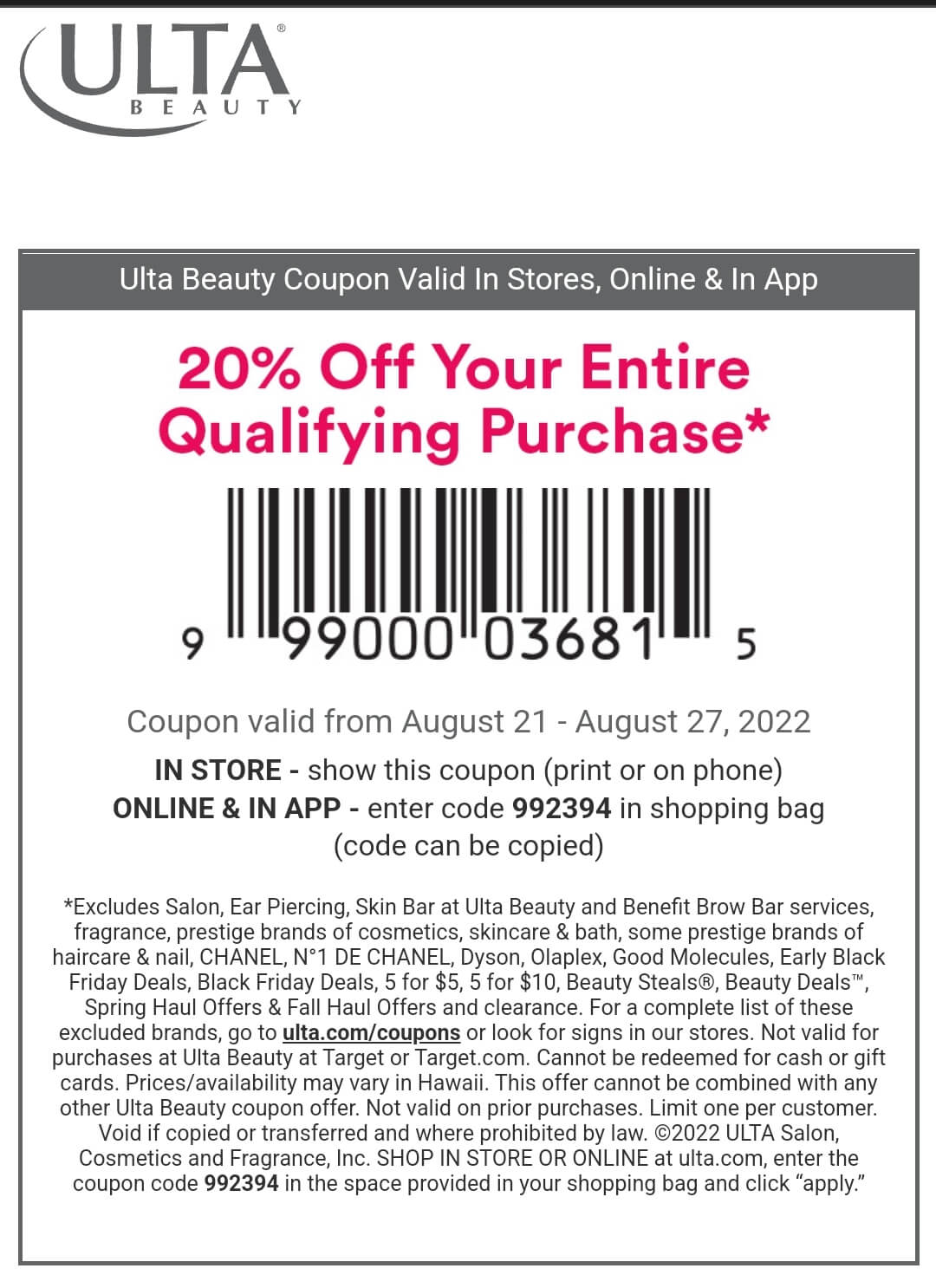 Ulta stores Coupon  20% off at Ulta Beauty, or online via promo code 992394 #ulta 