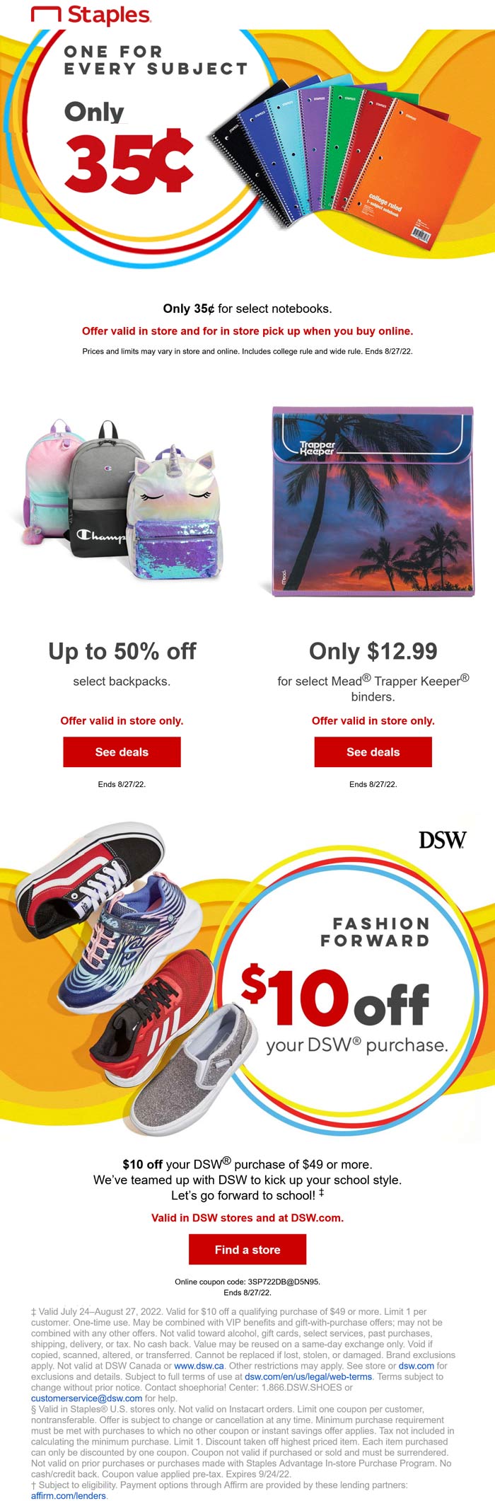 Staples stores Coupon  .35 cent notebooks & $10 off $49 on DSW shoes via Staples stores #staples 
