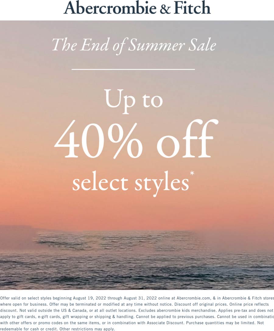 Abercrombie & Fitch stores Coupon  40% off various summer styles at Abercrombie & Fitch, ditto online #abercrombiefitch 