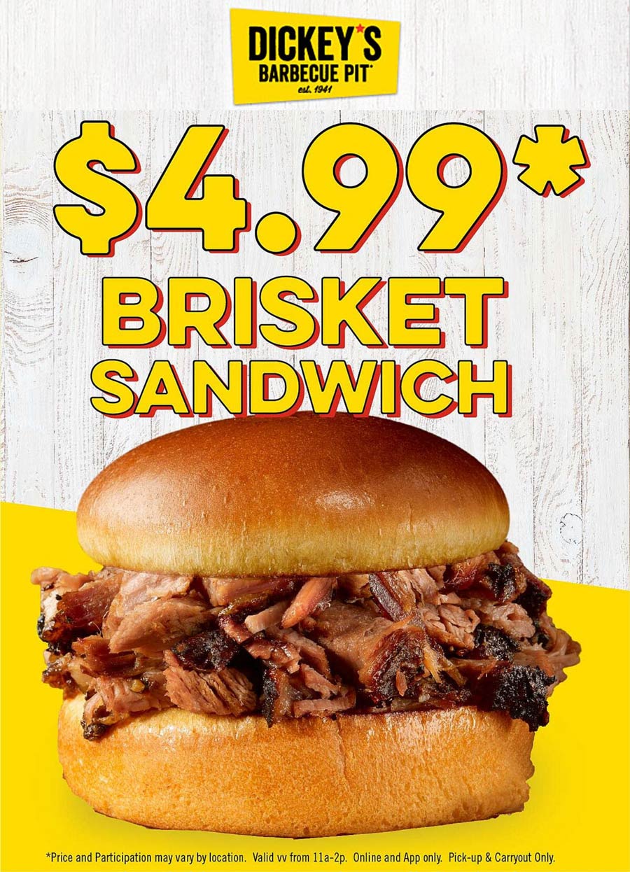 Dickeys Barbecue Pit restaurants Coupon  $5 brisket lunch sandwich at Dickeys Barbecue Pit #dickeysbarbecuepit 