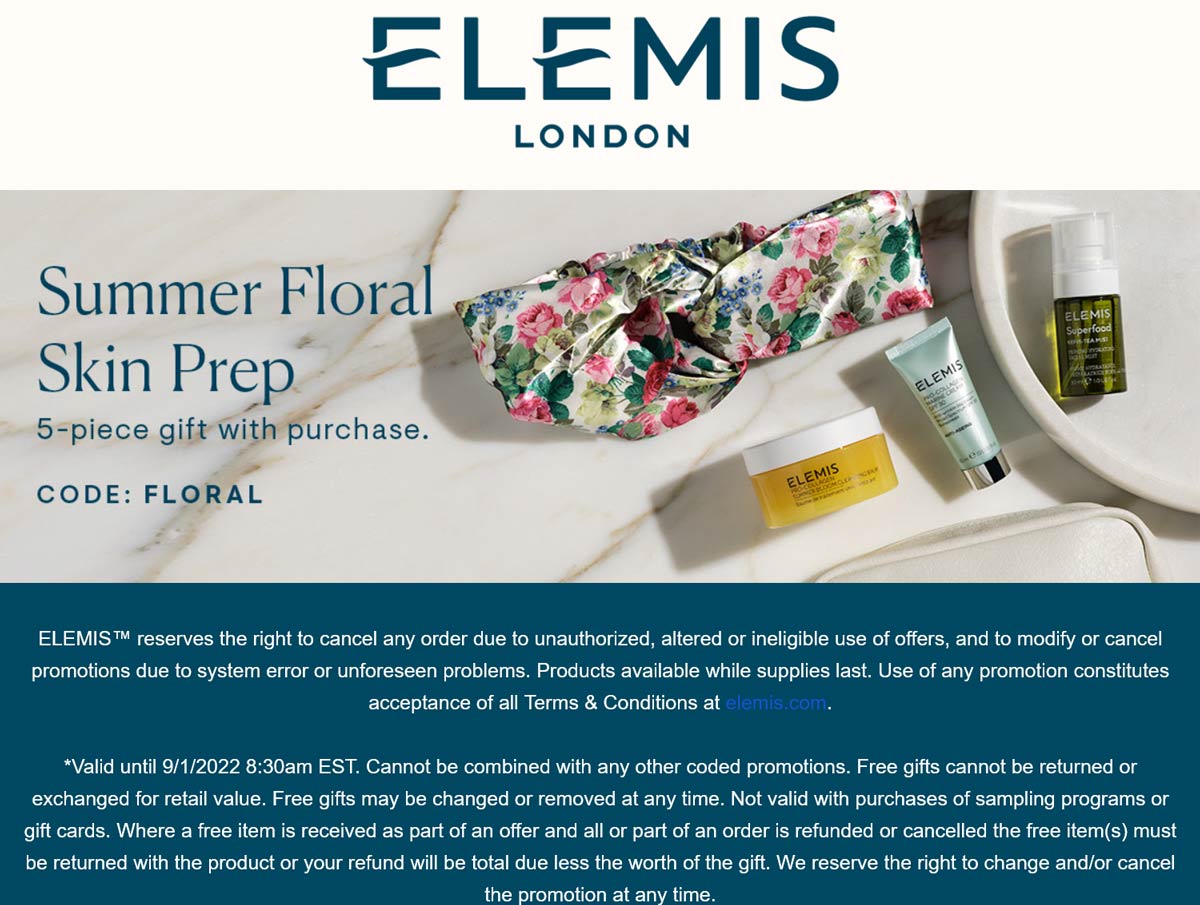 Elemis restaurants Coupon  Free 5pc set with any order at Elemis via promo code FLORAL #elemis 