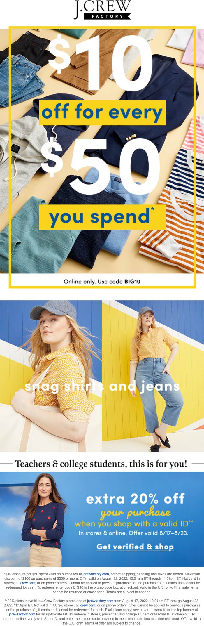 J.Crew Factory stores Coupon  $10 off every $50 online + teachers & students enjoy 20% off today at J.Crew Factory #jcrewfactory 