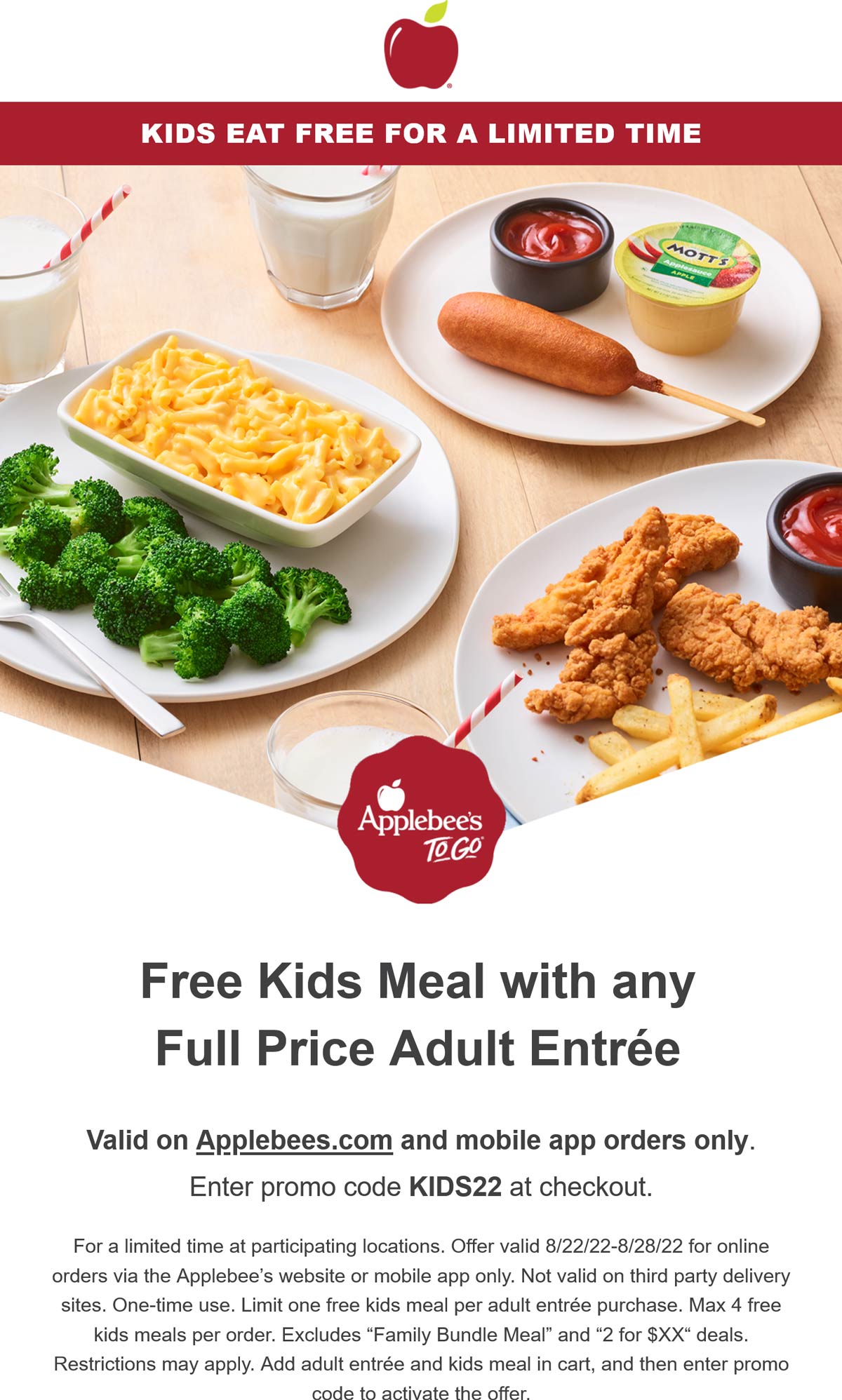 Applebees restaurants Coupon  Kids eat free with each entree at Applebees via promo code KIDS22 #applebees 