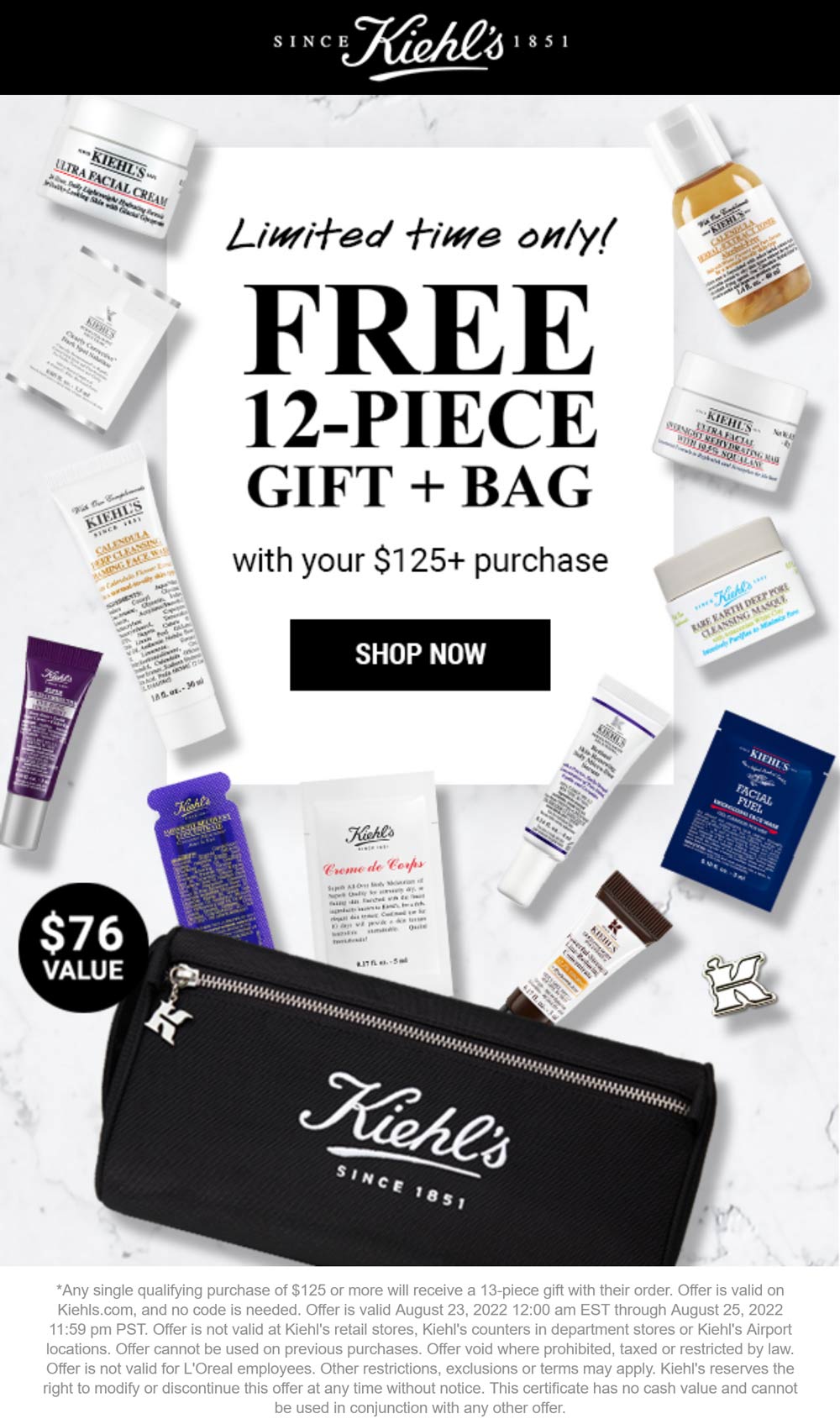 Kiehls stores Coupon  Free 12pc set + bag on $125 online at Kiehls #kiehls 