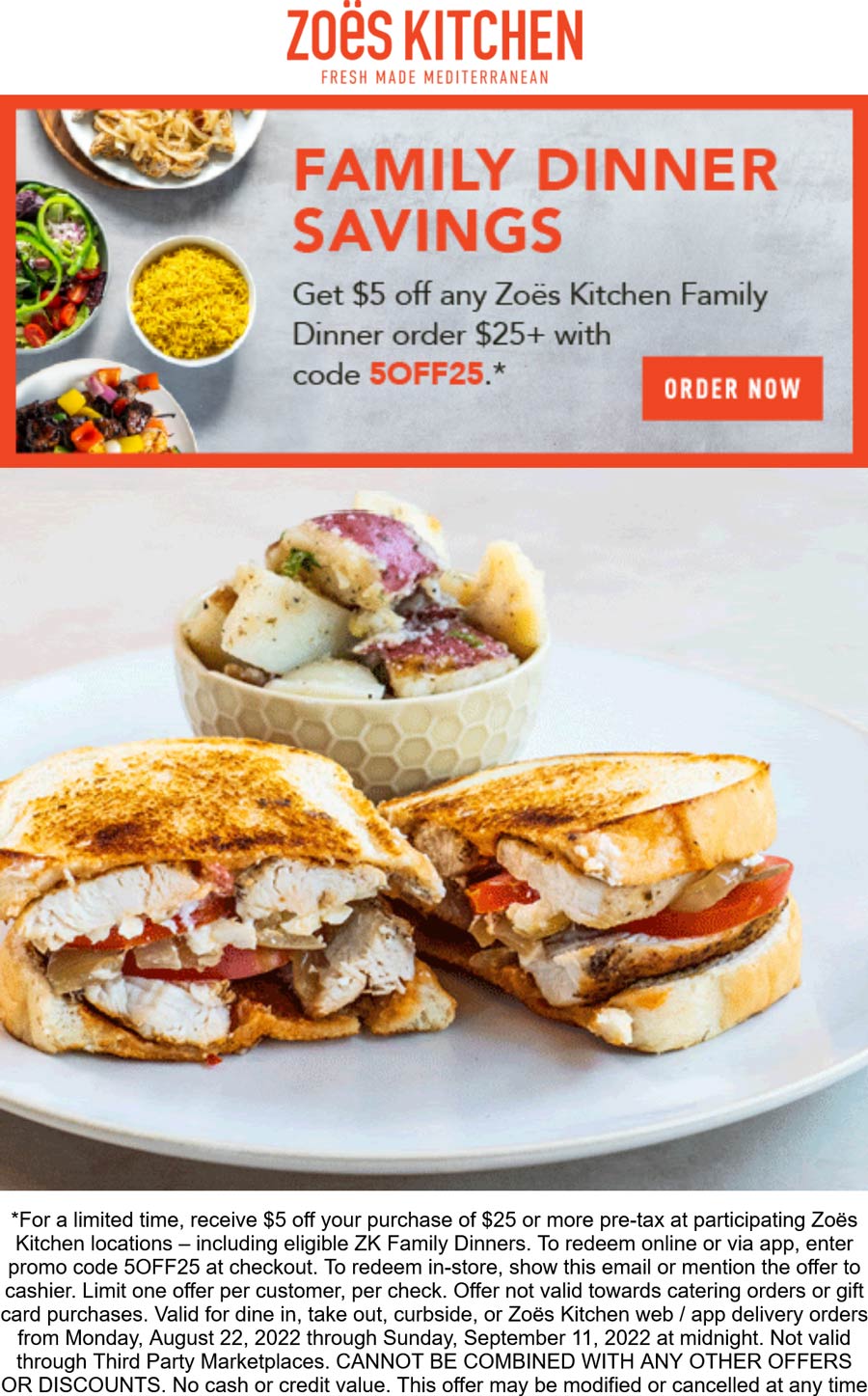 Zoes Kitchen restaurants Coupon  $5 off $25 on dinner at Zoes Kitchen via promo code 5OFF25 #zoeskitchen 