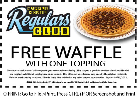 Waffle House restaurants Coupon  Free waffle with topping at Waffle House #wafflehouse 