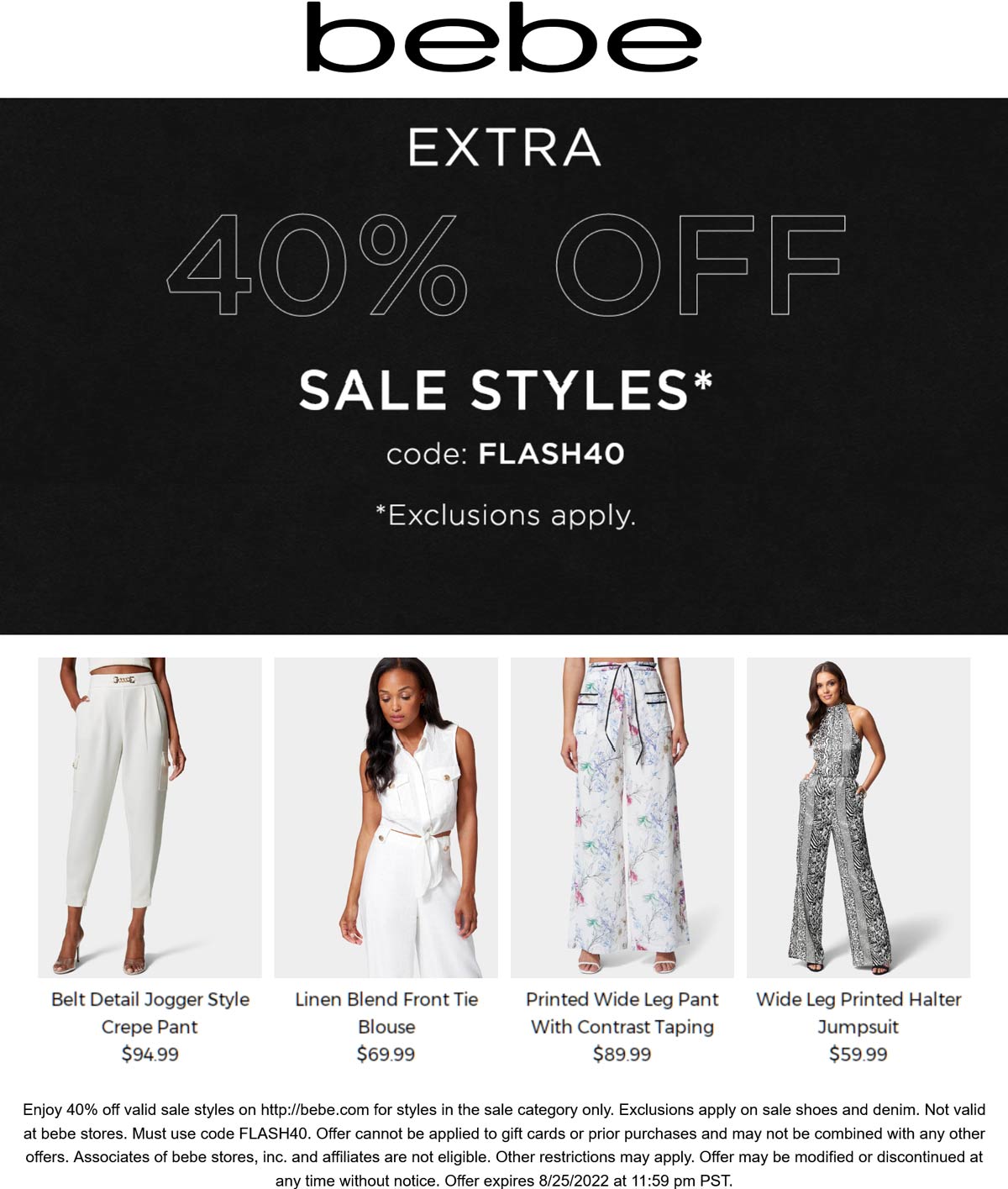 bebe stores Coupon  Extra 40% off sale styles today at bebe via promo code FLASH40 #bebe 