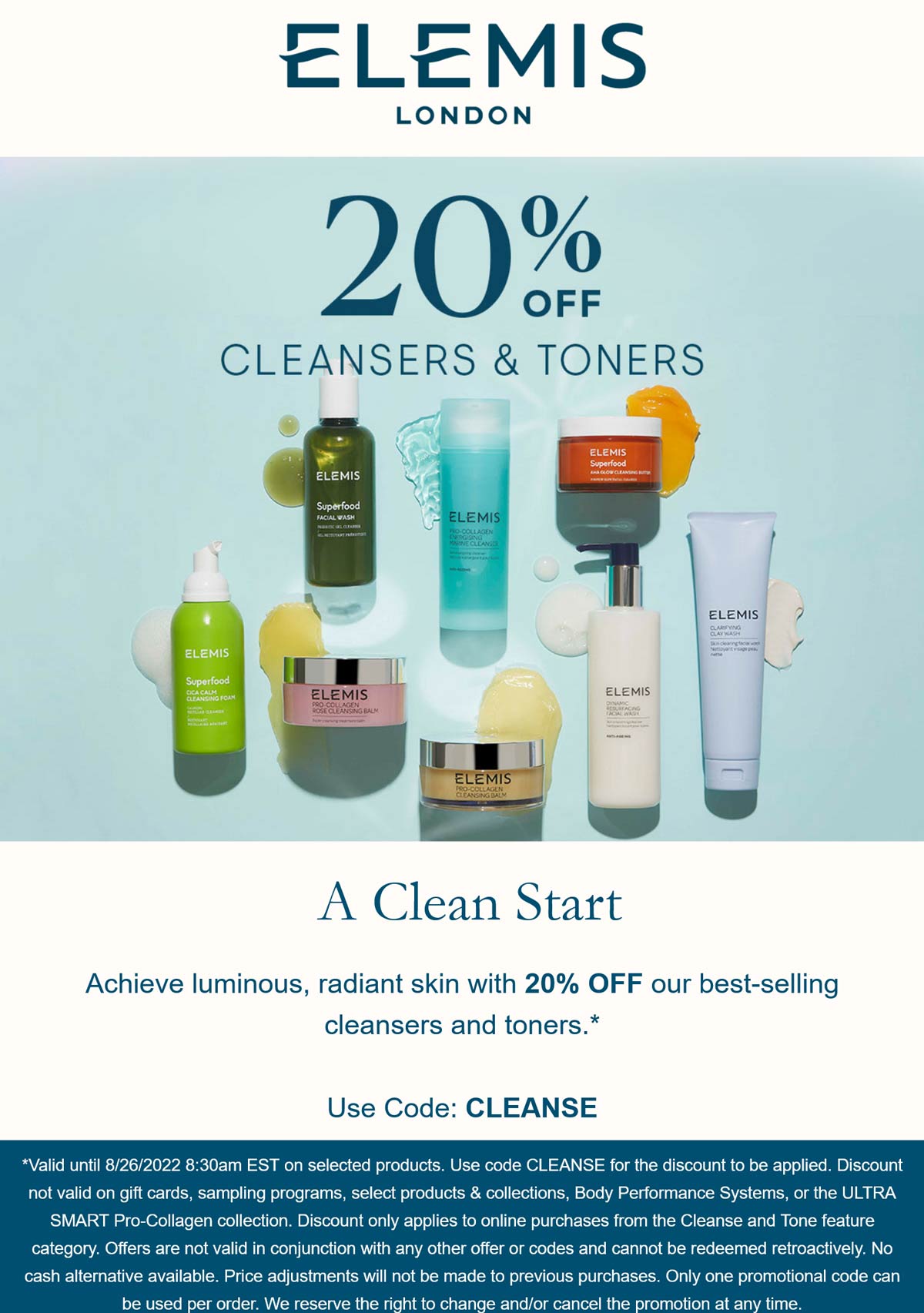 Elemis stores Coupon  20% off cleansers & toners today at Elemis via promo code CLEANSE #elemis 
