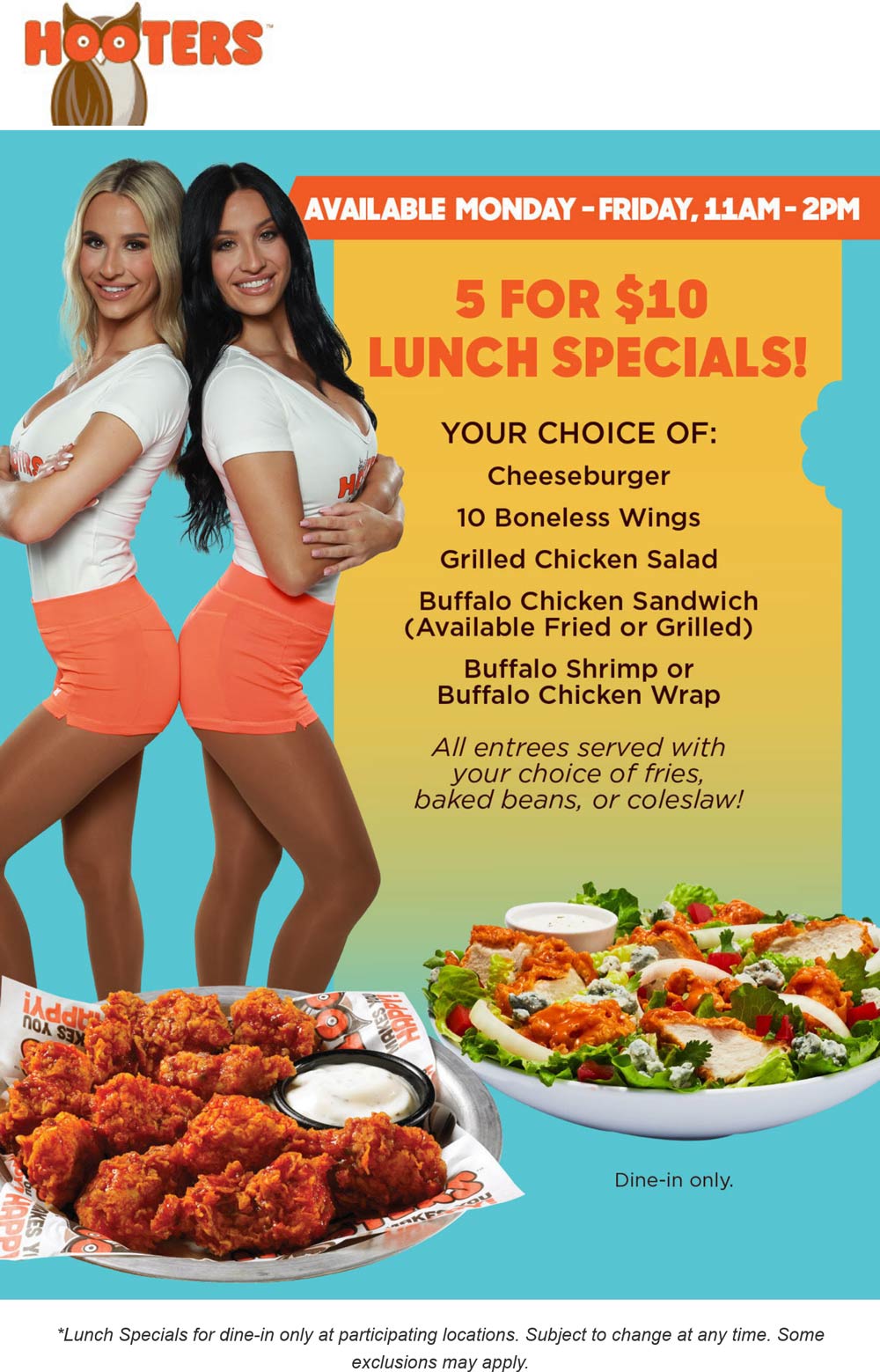 Hooters restaurants Coupon  Various $10 lunch specials at Hooters #hooters 