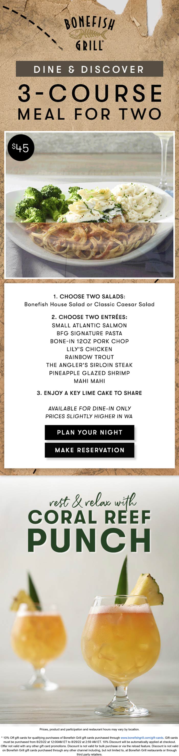Bonefish Grill restaurants Coupon  3-course dinner for 2 = $45 at Bonefish Grill #bonefishgrill 