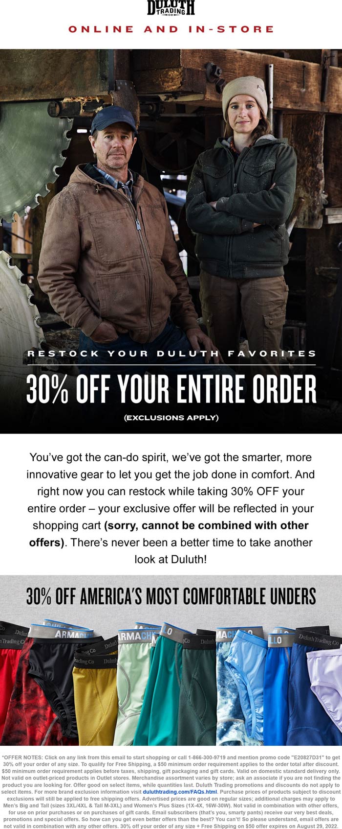 Duluth Trading Co stores Coupon  30% off at Duluth Trading Co, or online via promo code E20827D31 #duluthtradingco 