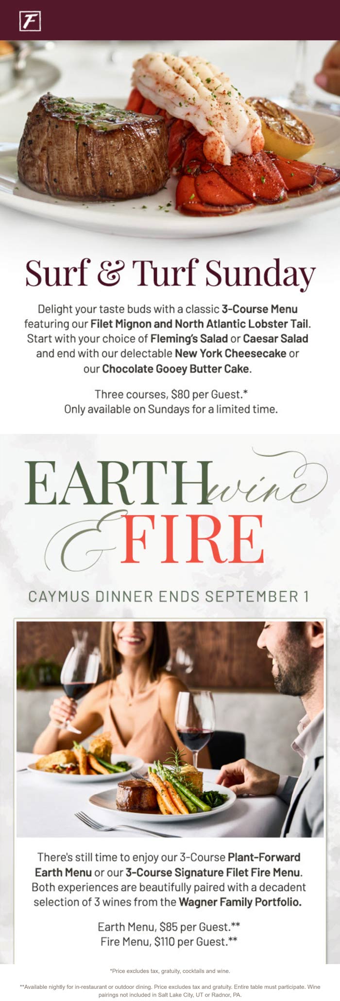 Flemings restaurants Coupon  Filet mignon + lobster tail + salad + dessert = $80 Sundays at Flemings Prime Steakhouse & Wine Bar #flemings 