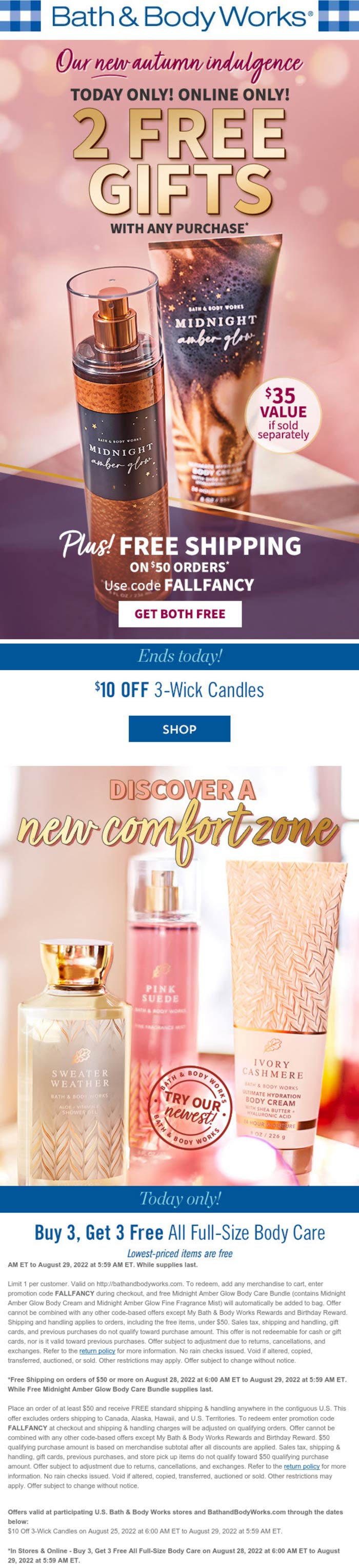 Bath & Body Works stores Coupon  6-for-3 & more today at Bath & Body Works via promo code FALLFANCY #bathbodyworks 