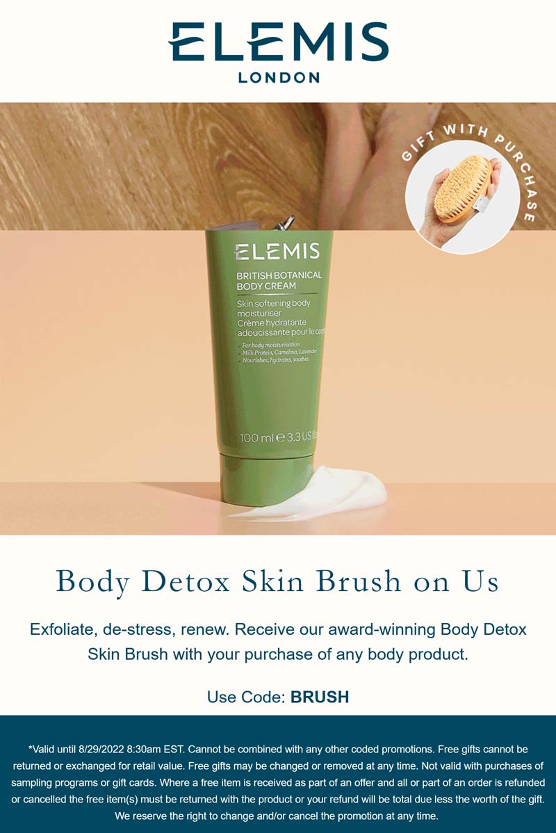 Elemis stores Coupon  Free dry brush with any body purchase today at Elemis via promo code BRUSH #elemis 