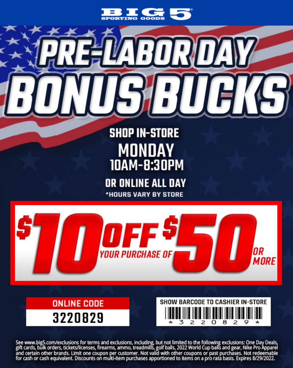 Big 5 stores Coupon  $10 off $50 today at Big 5 sporting goods, or online via promo code 3220829 #big5 