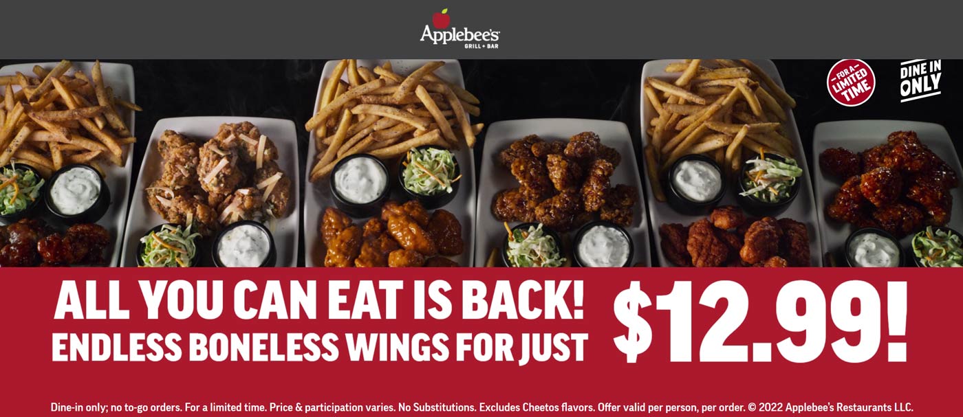 Applebees restaurants Coupon  Endless boneless chicken wings = $13 at Applebees #applebees 