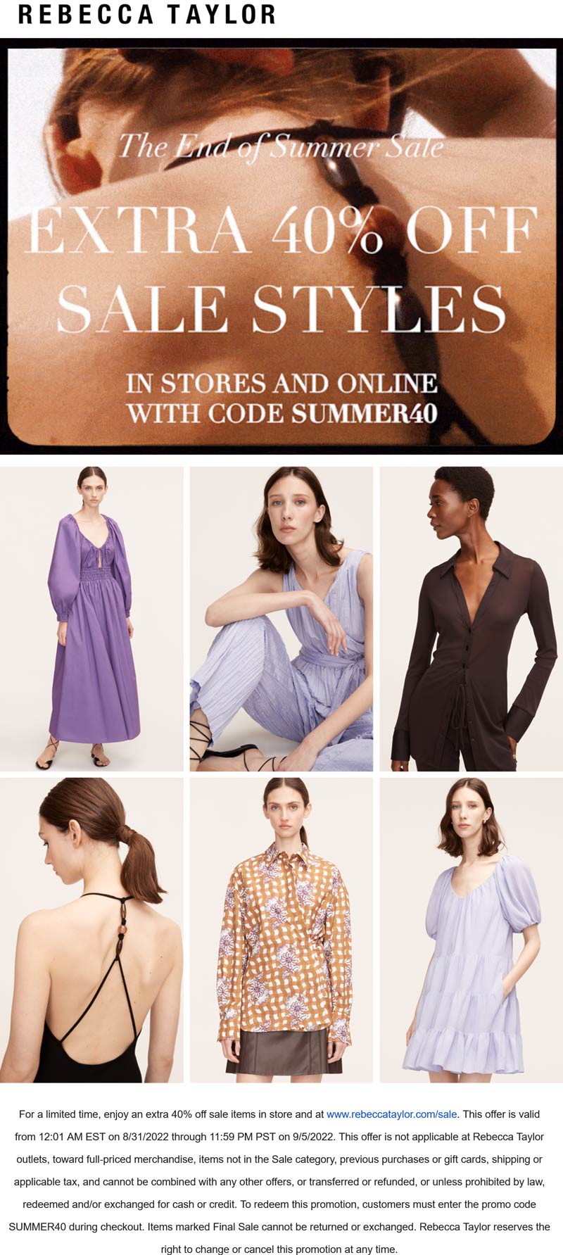 Rebecca Taylor stores Coupon  Extra 40% off sale items at Rebecca Taylor, or online via promo code SUMMER40 #rebeccataylor 